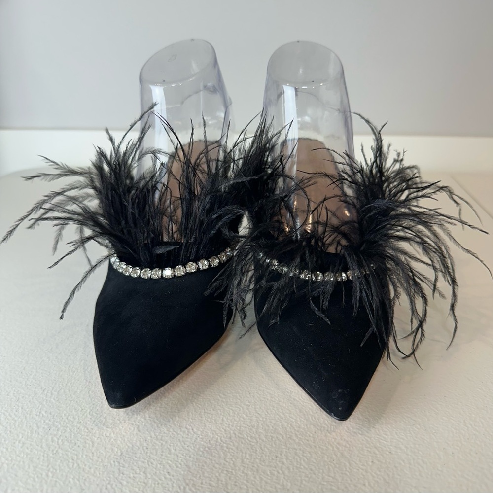 Antonio Melani x Nicola Bathie Black Liz Ostrich Feathers Rhinestone Mules 7.5 - Picture 2 of 6